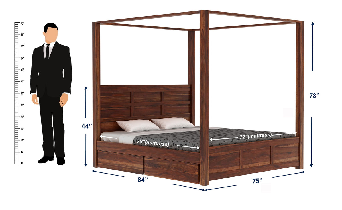 Woodwing Solid Sheesham Wood Poster Bed With Four Drawers (King Size, Natural Finish)