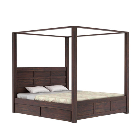 Woodwing Solid Sheesham Wood Poster Bed With Four Drawers (King Size, Walnut Finish)