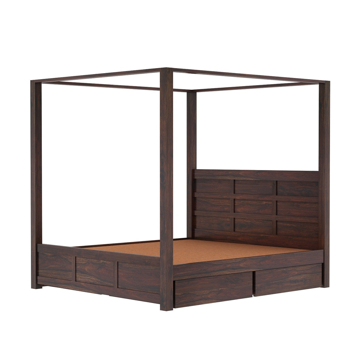 Woodwing Solid Sheesham Wood Poster Bed With Four Drawers (Queen Size, Walnut Finish)
