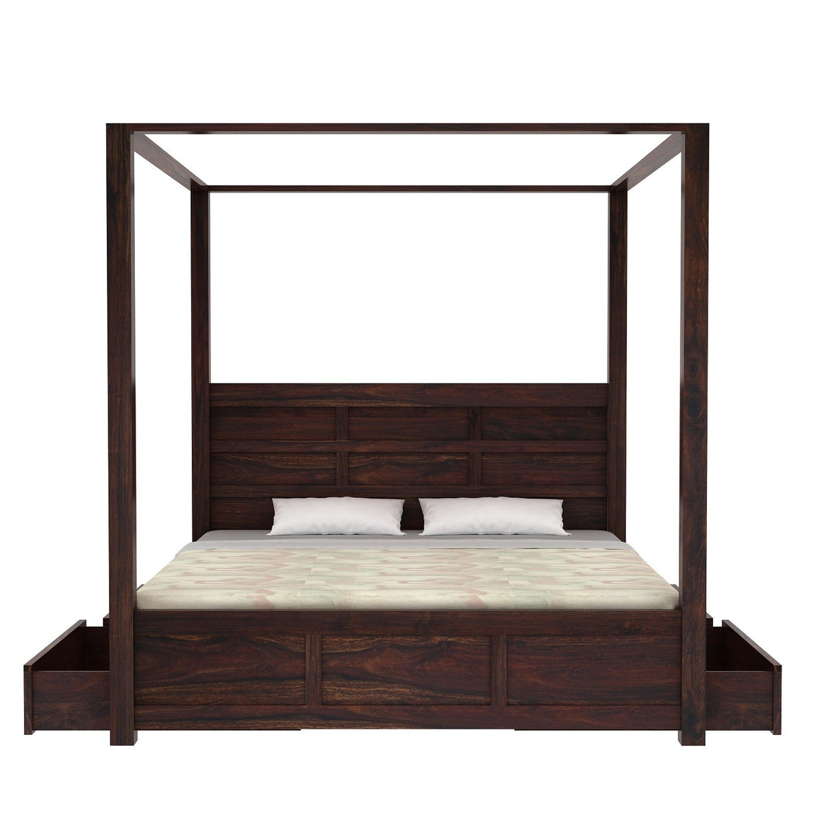 Woodwing Solid Sheesham Wood Poster Bed With Four Drawers (King Size, Walnut Finish)