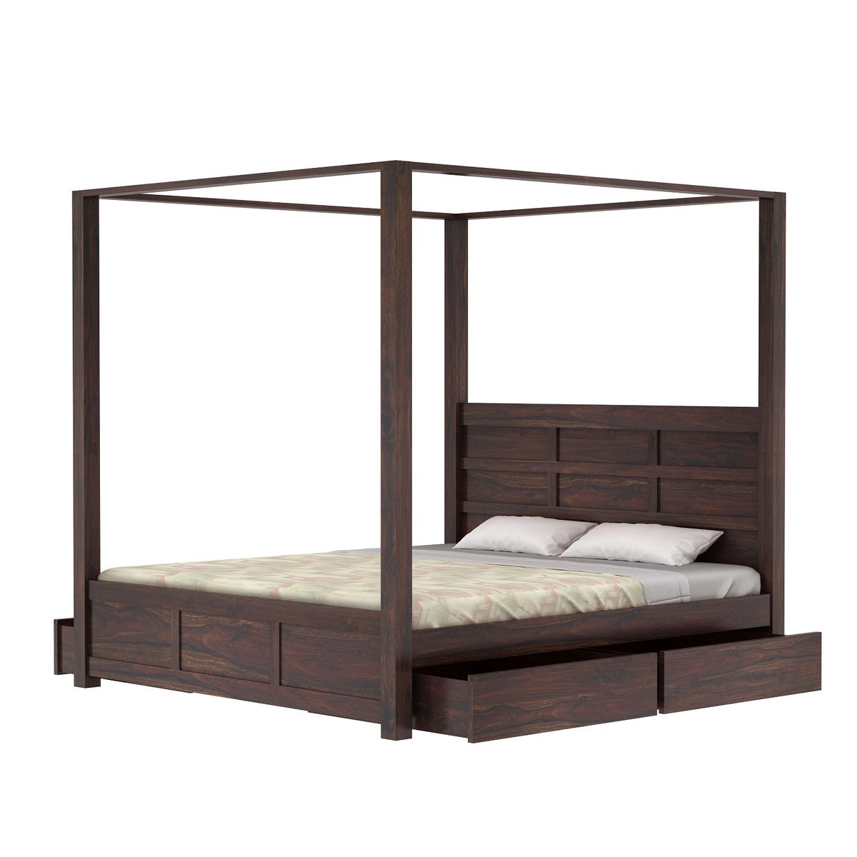 Woodwing Solid Sheesham Wood Poster Bed With Four Drawers (King Size, Walnut Finish)