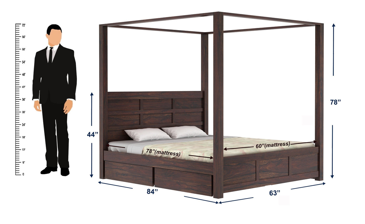Woodwing Solid Sheesham Wood Poster Bed With Four Drawers (Queen Size, Walnut Finish)