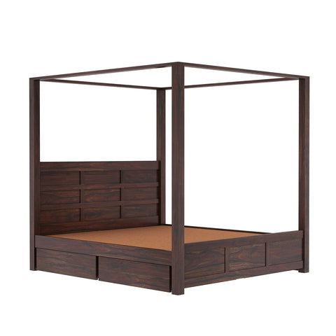 Woodwing Solid Sheesham Wood Poster Bed With Four Drawers (Queen Size, Walnut Finish)