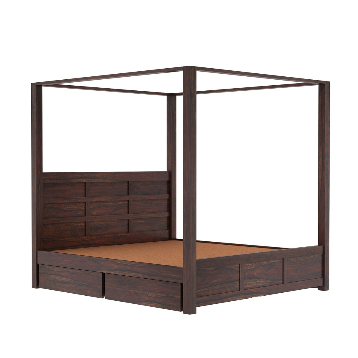 Woodwing Solid Sheesham Wood Poster Bed With Four Drawers (King Size, Walnut Finish)