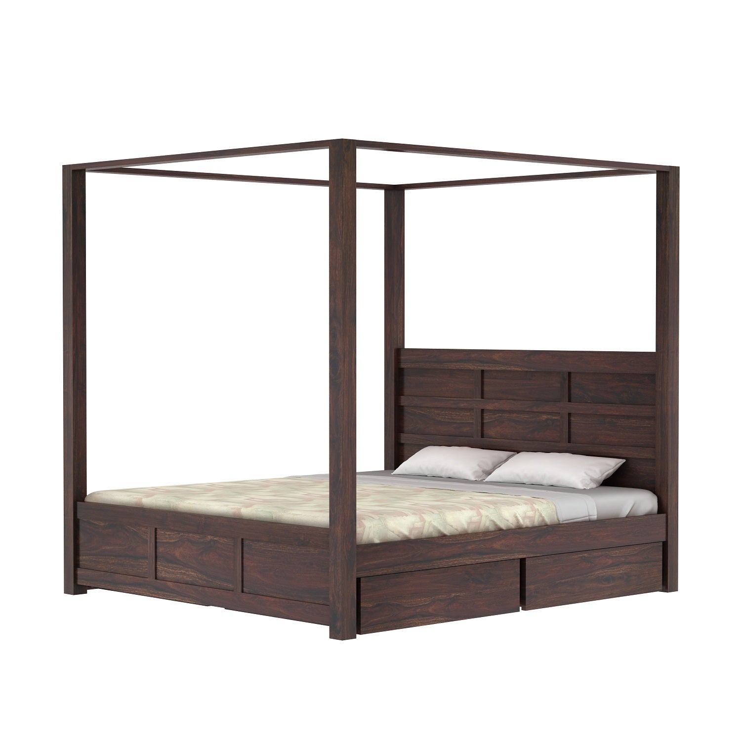Woodwing Solid Sheesham Wood Poster Bed With Four Drawers (Queen Size, Walnut Finish)