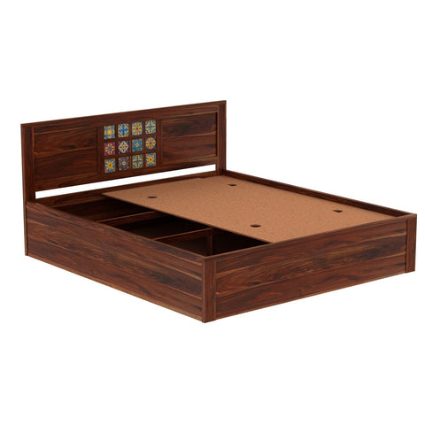 Dotwork Solid Sheesham Wood Bed With Box Storage (Queen Size, Natural Finish)
