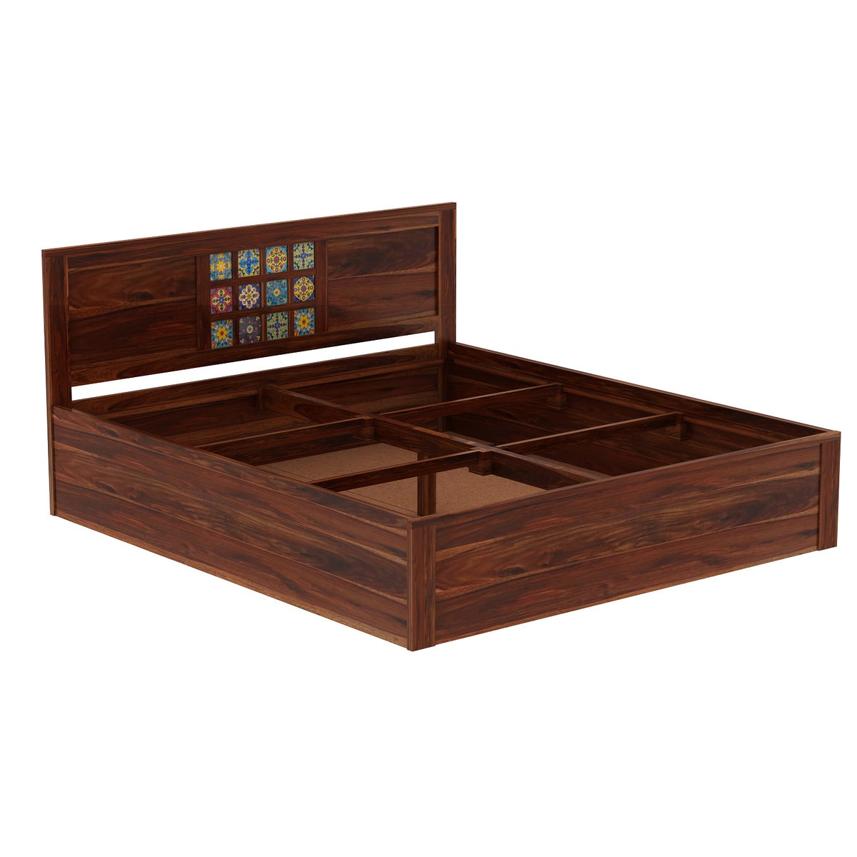 Dotwork Solid Sheesham Wood Bed With Box Storage (King Size, Natural Finish)