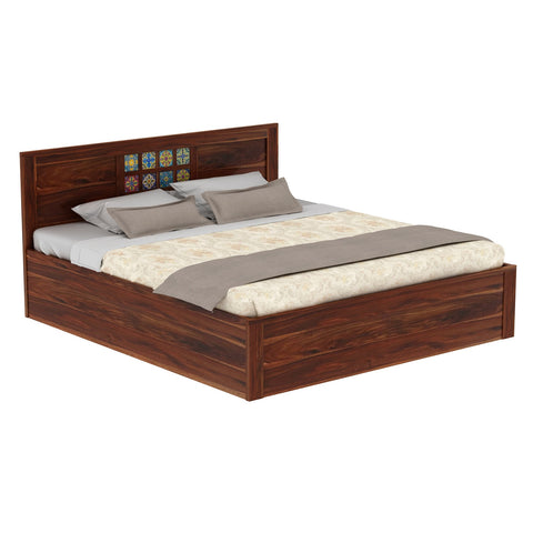 Dotwork Solid Sheesham Wood Bed With Box Storage (King Size, Natural Finish)