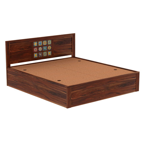 Dotwork Solid Sheesham Wood Bed With Box Storage (King Size, Natural Finish)