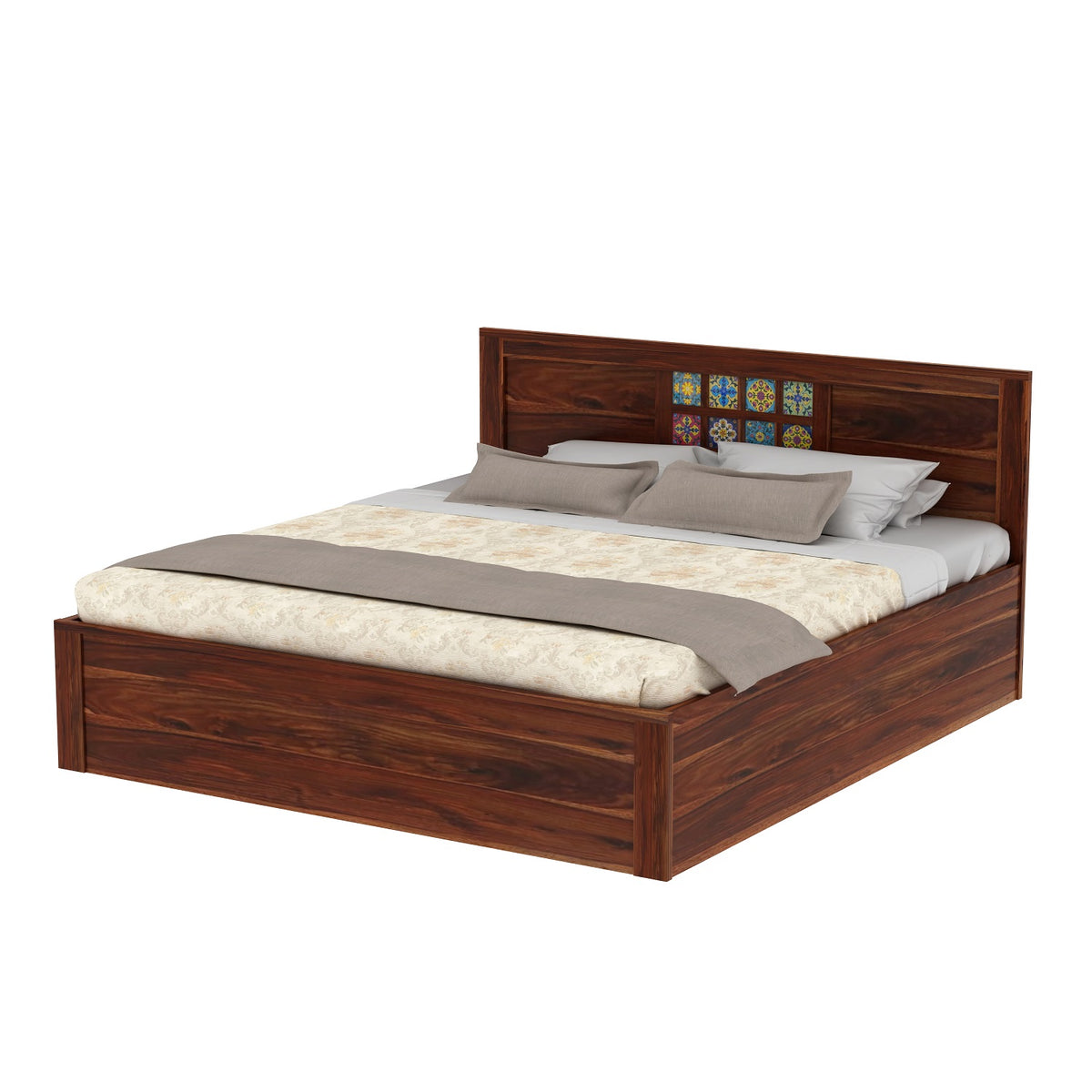 Dotwork Solid Sheesham Wood Bed With Box Storage (King Size, Natural Finish)