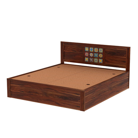 Dotwork Solid Sheesham Wood Bed With Box Storage (King Size, Natural Finish)