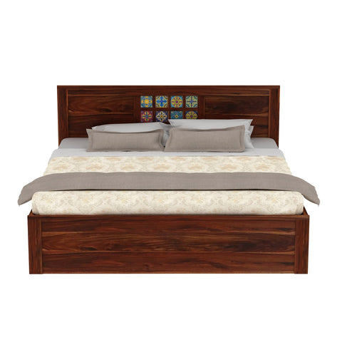 Dotwork Solid Sheesham Wood Bed With Box Storage (King Size, Natural Finish)