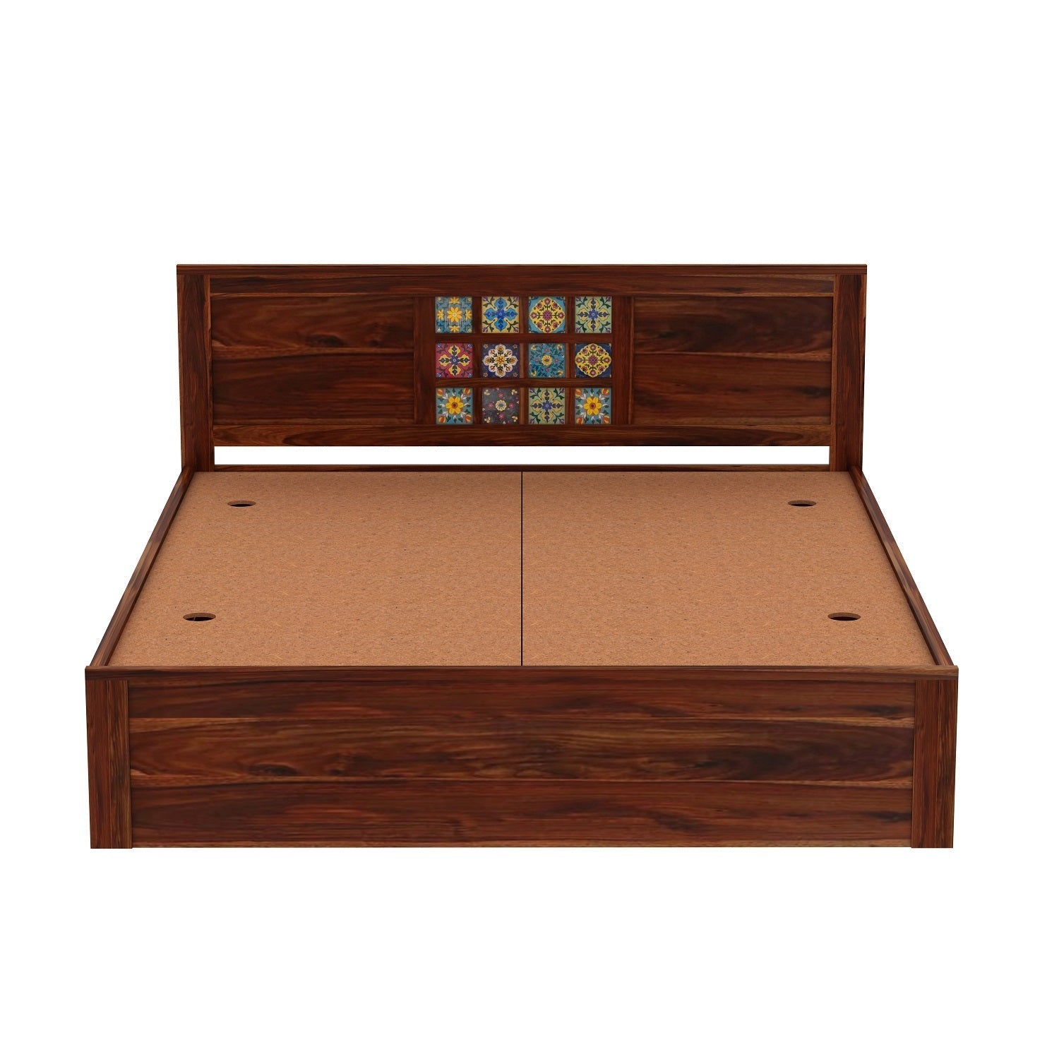 Dotwork Solid Sheesham Wood Bed With Box Storage (Queen Size, Natural Finish)