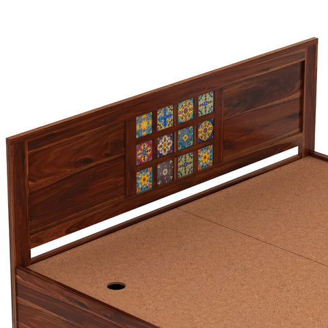 Dotwork Solid Sheesham Wood Bed With Box Storage (King Size, Natural Finish)