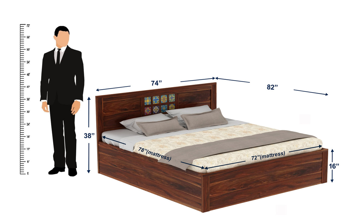 Dotwork Solid Sheesham Wood Bed With Box Storage (King Size, Natural Finish)