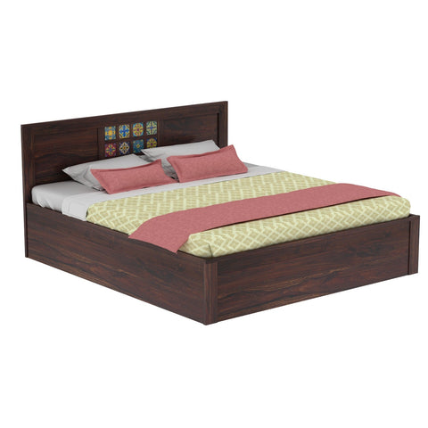 Dotwork Solid Sheesham Wood Bed With Box Storage (King Size, Walnut Finish)