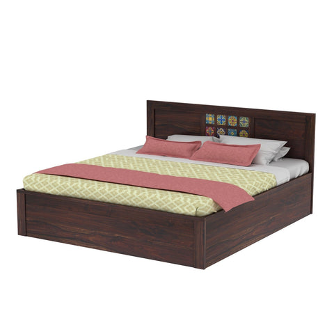 Dotwork Solid Sheesham Wood Bed With Box Storage (Queen Size, Walnut Finish)
