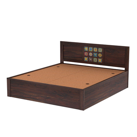 Dotwork Solid Sheesham Wood Bed With Box Storage (King Size, Walnut Finish)