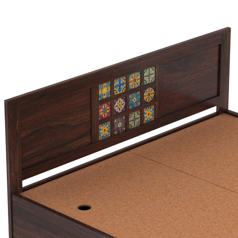 Dotwork Solid Sheesham Wood Bed With Box Storage (Queen Size, Walnut Finish)