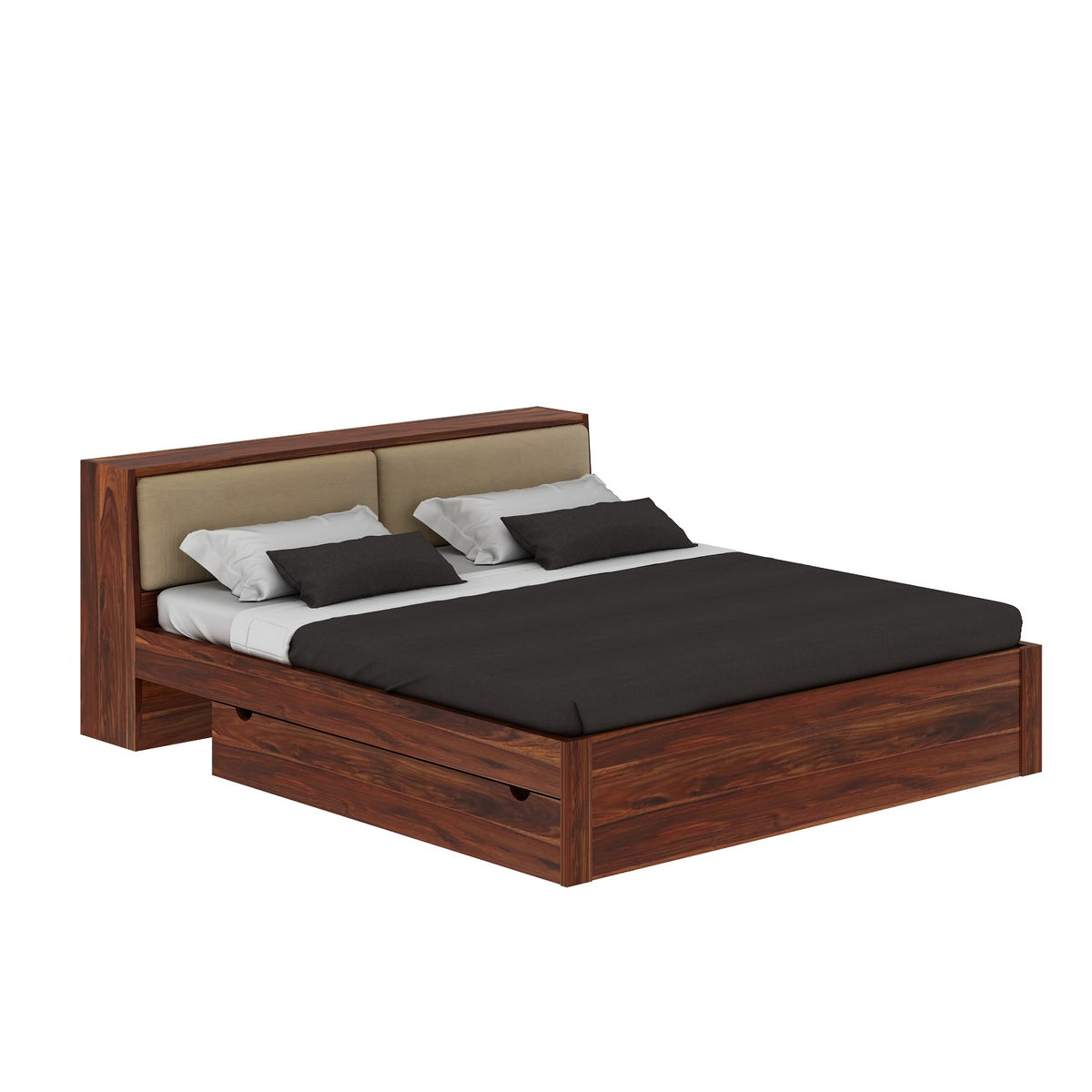 Lumin Solid Sheesham Wood Bed With 2 Drawers And 2 Side Tables (Queen Size, Natural)