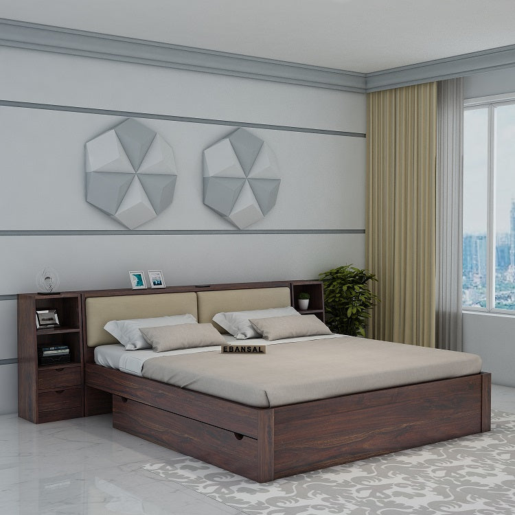 Lumin Solid Sheesham Wood Bed With 2 Drawers (King Size, Walnut)