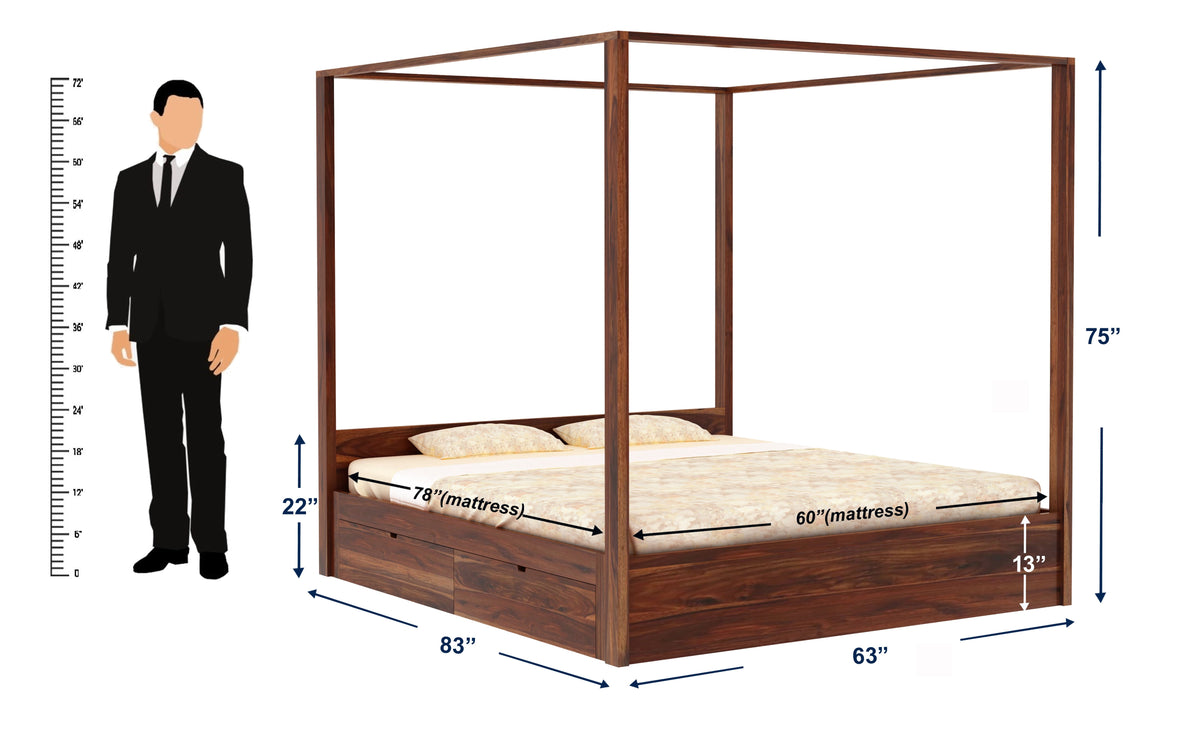 Solivo Solid Sheesham Wood Poster Bed With Four Drawers (Queen Size, Natural Finish)