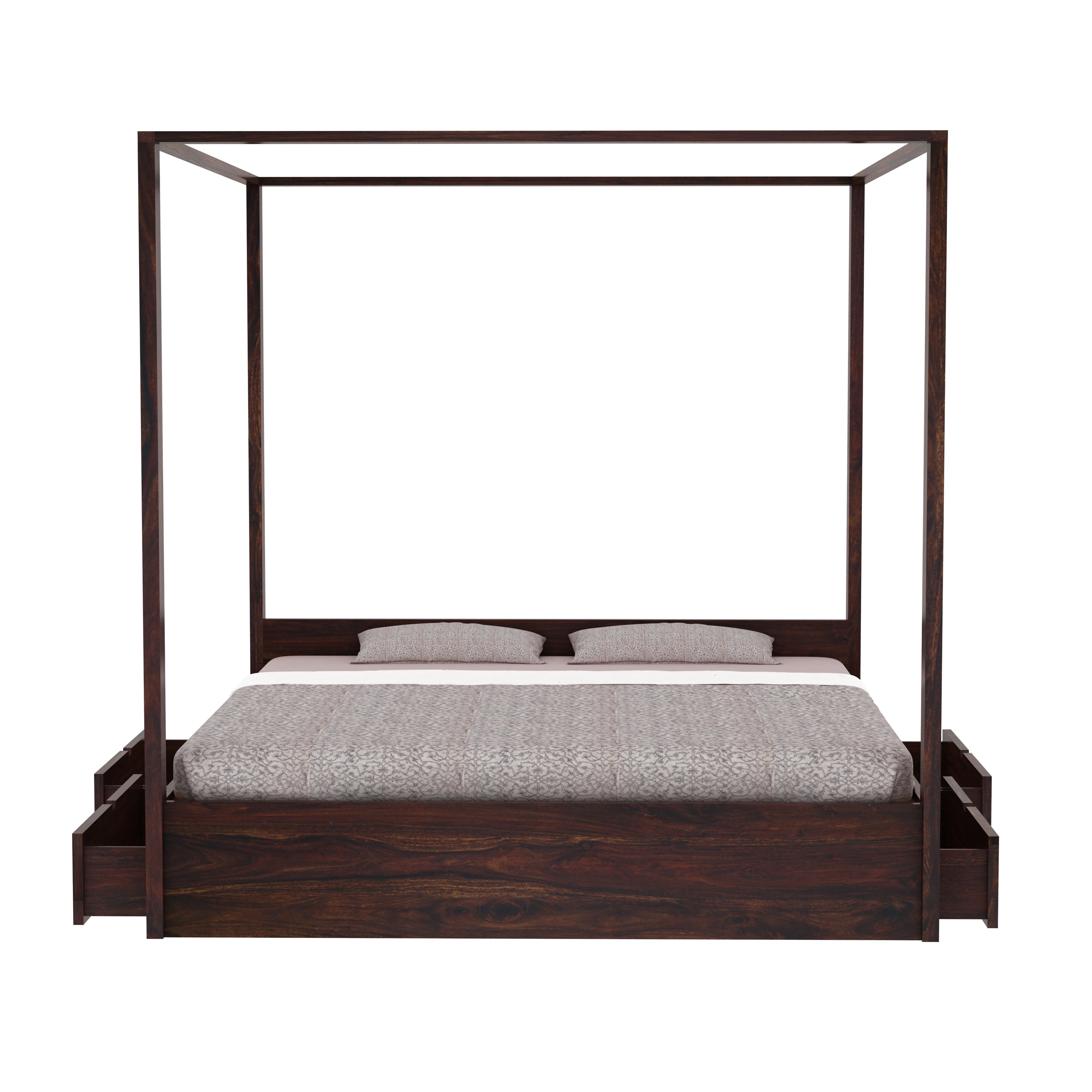 Solivo Solid Sheesham Wood Poster Bed With Four Drawers (Queen Size, Walnut Finish)