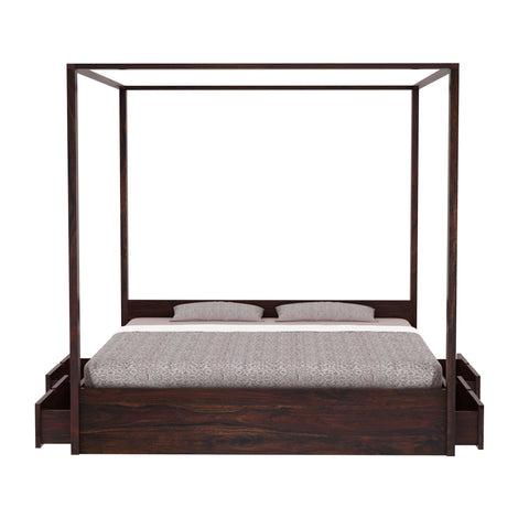 Solivo Solid Sheesham Wood Poster Bed With Four Drawers (Queen Size, Walnut Finish)