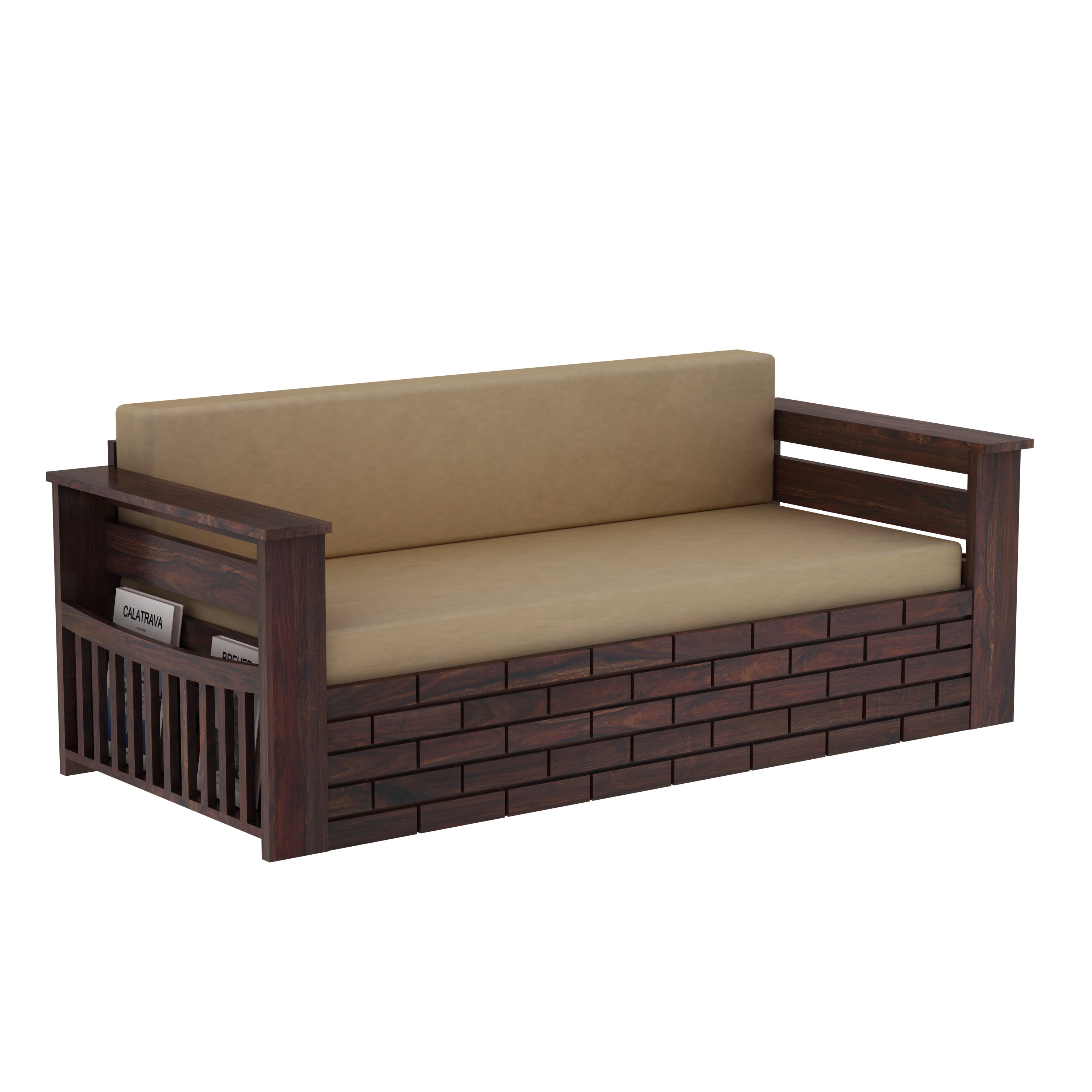 Elementra Solid Sheesham Wood 3 Seater Sofa Cum Bed With Storage (Walnut Finish)