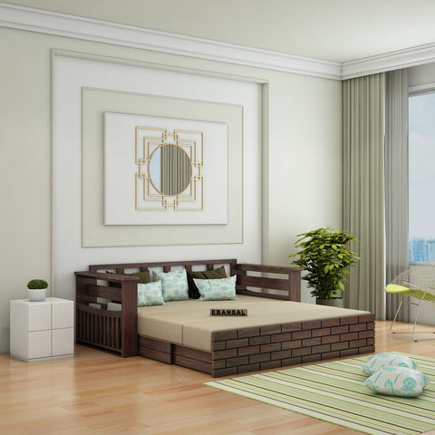 Elementra Solid Sheesham Wood 3 Seater Sofa Cum Bed With Storage (Walnut Finish)