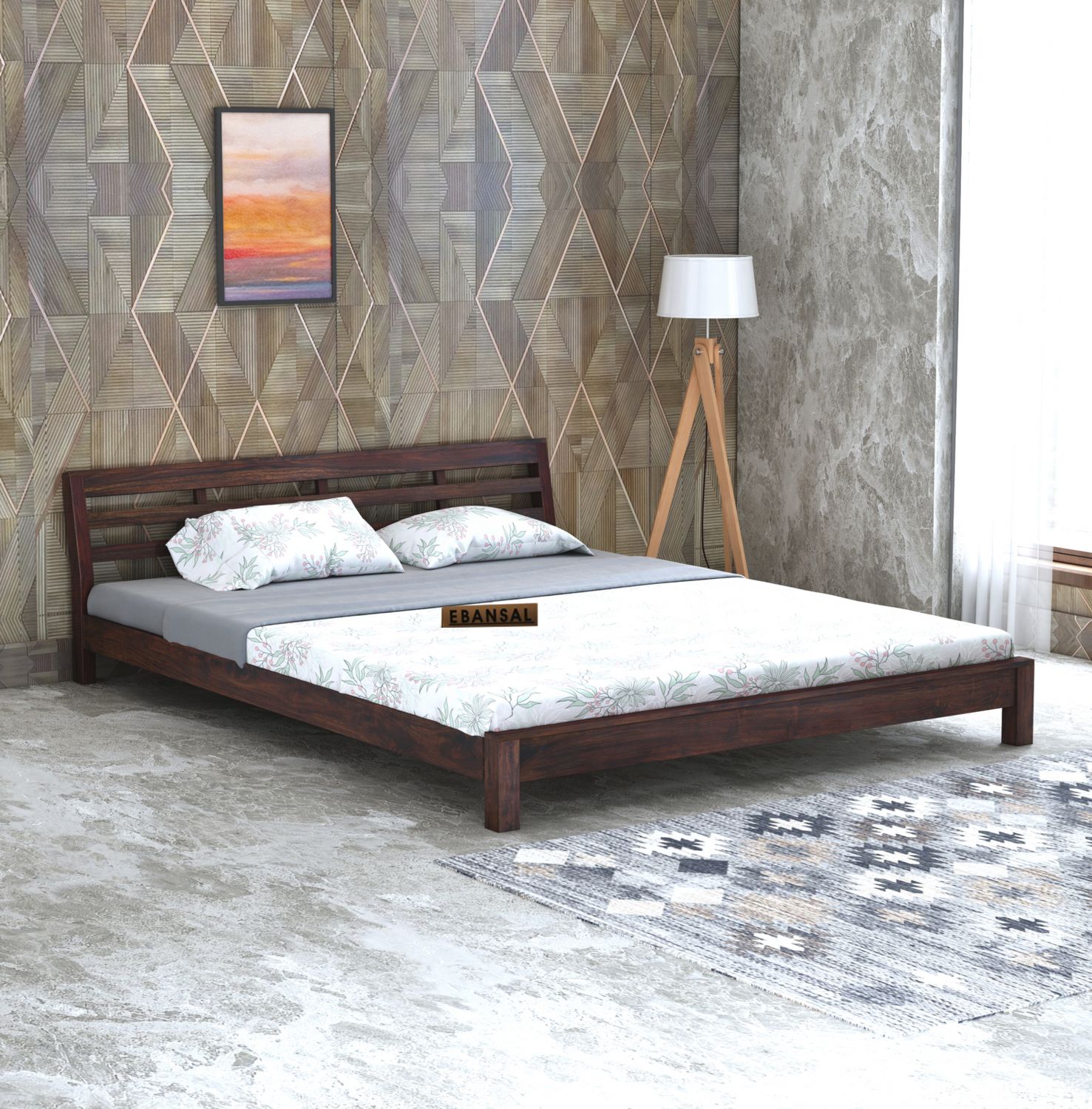 Essen Solid Sheesham Wood Bed Without Storage (King Size, Walnut Finish)