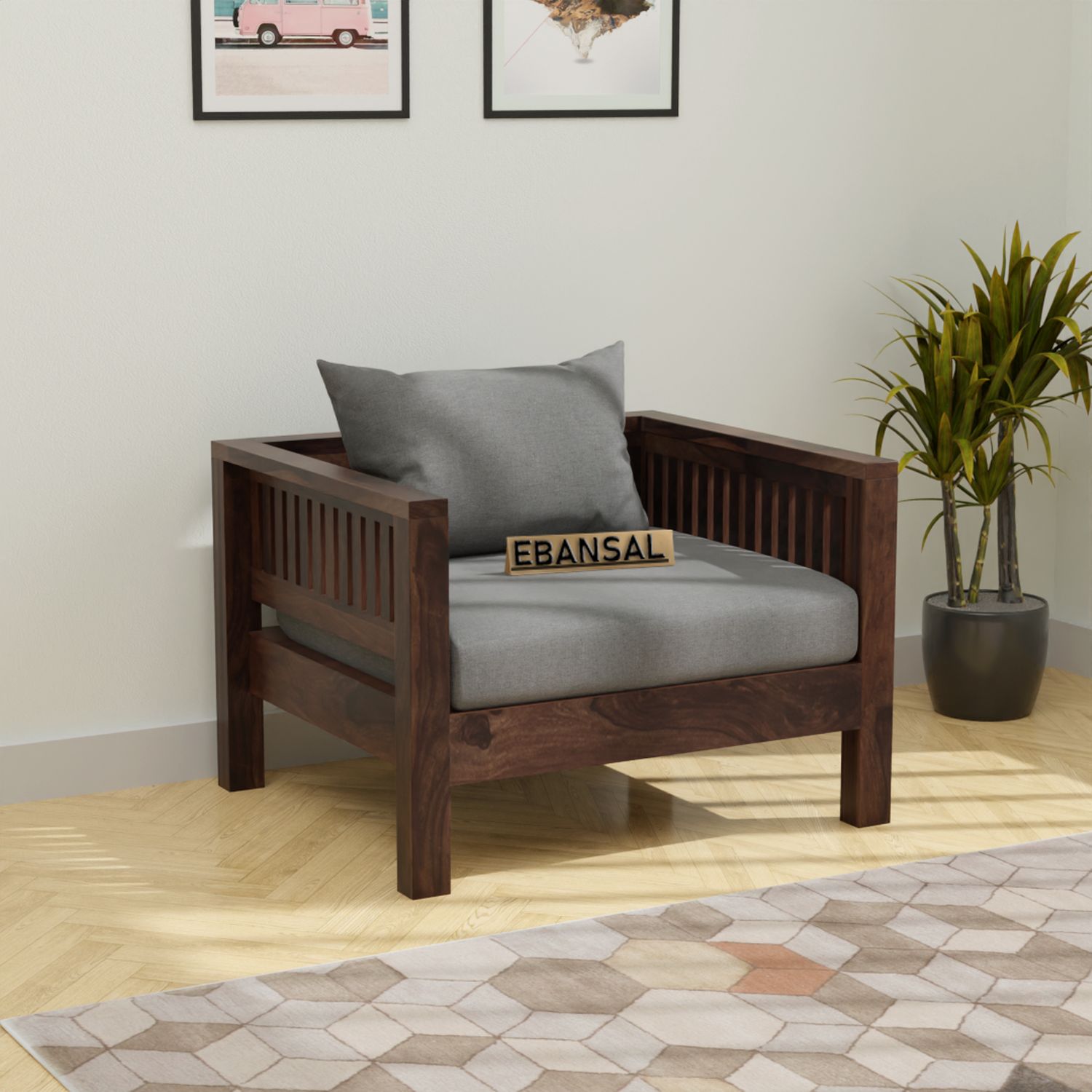 Essen Solid Sheesham Wood Single Seater Sofa (Walnut Finish)