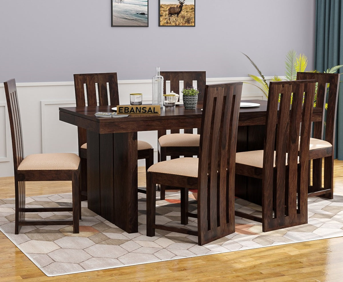 Woodora Solid Sheesham Wood 6 Seater Dining Set With Cushioned Chairs (Walnut Finish)