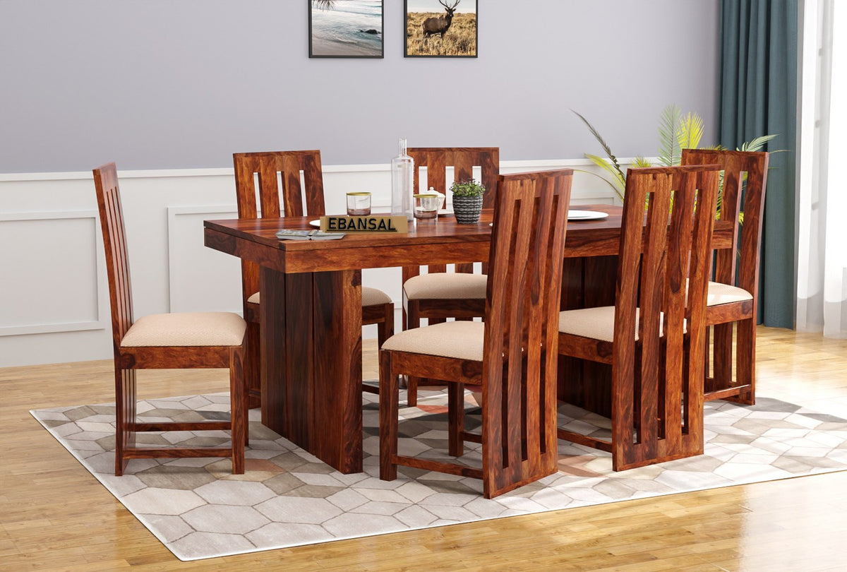 Woodora Solid Sheesham Wood 6 Seater Dining Set With Cushioned Chairs (Natural Finish)