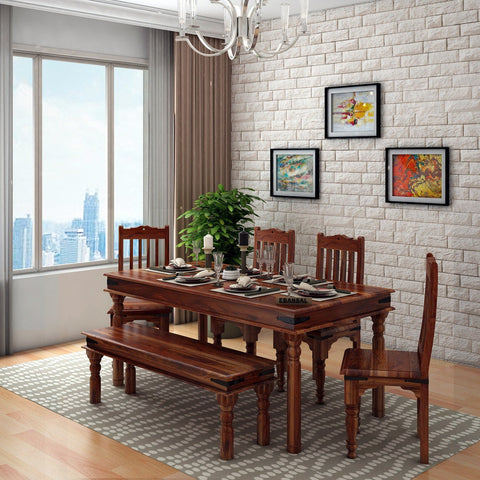 Ajmer Solid Sheesham Wood 6 Seater Dining Set With Bench (Without Cushion, Natural Finish)