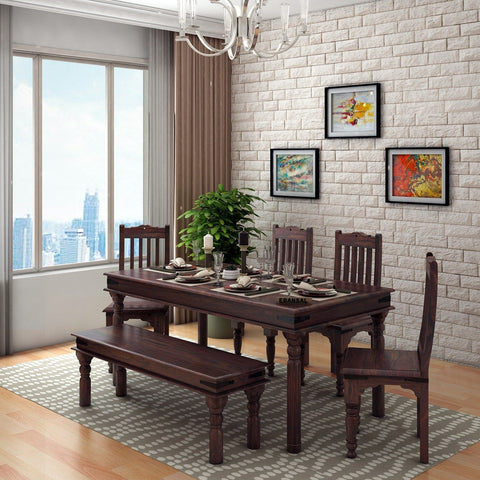 Ajmer Solid Sheesham Wood 6 Seater Dining Set With Bench (Without Cushion, Walnut Finish)