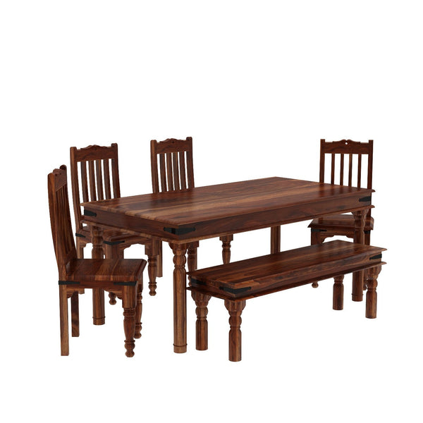 Ajmer Solid Sheesham Wood 6 Seater Dining Table With 4 Chairs And 1 Bench (Without Cushion, Natural Finish)