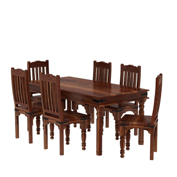 Ajmer Solid Sheesham Wood 6 Seater Dining Table With 6 Chairs (Without Cushion, Natural Finish)