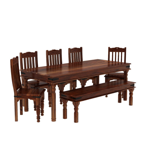 Ajmer Solid Sheesham Wood 8 Seater Dining Set With Bench (Without Cushion, Natural Finish)
