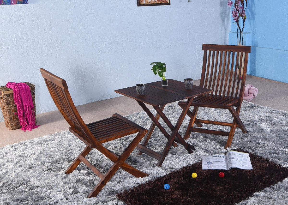 Dumdum Solid Sheesham Wood Foldable Balcony Chairs and Table Set (Natural Finish)