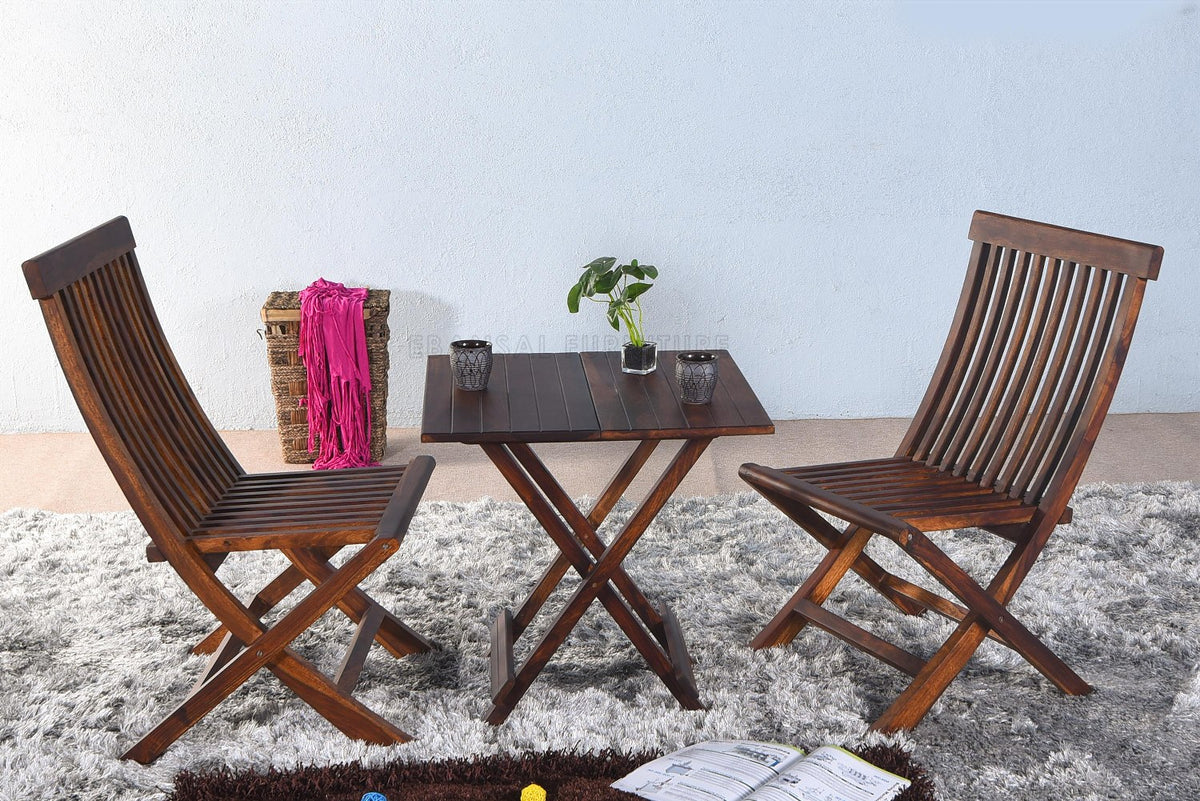 Dumdum Solid Sheesham Wood Foldable Balcony Chairs and Table Set (Natural Finish)