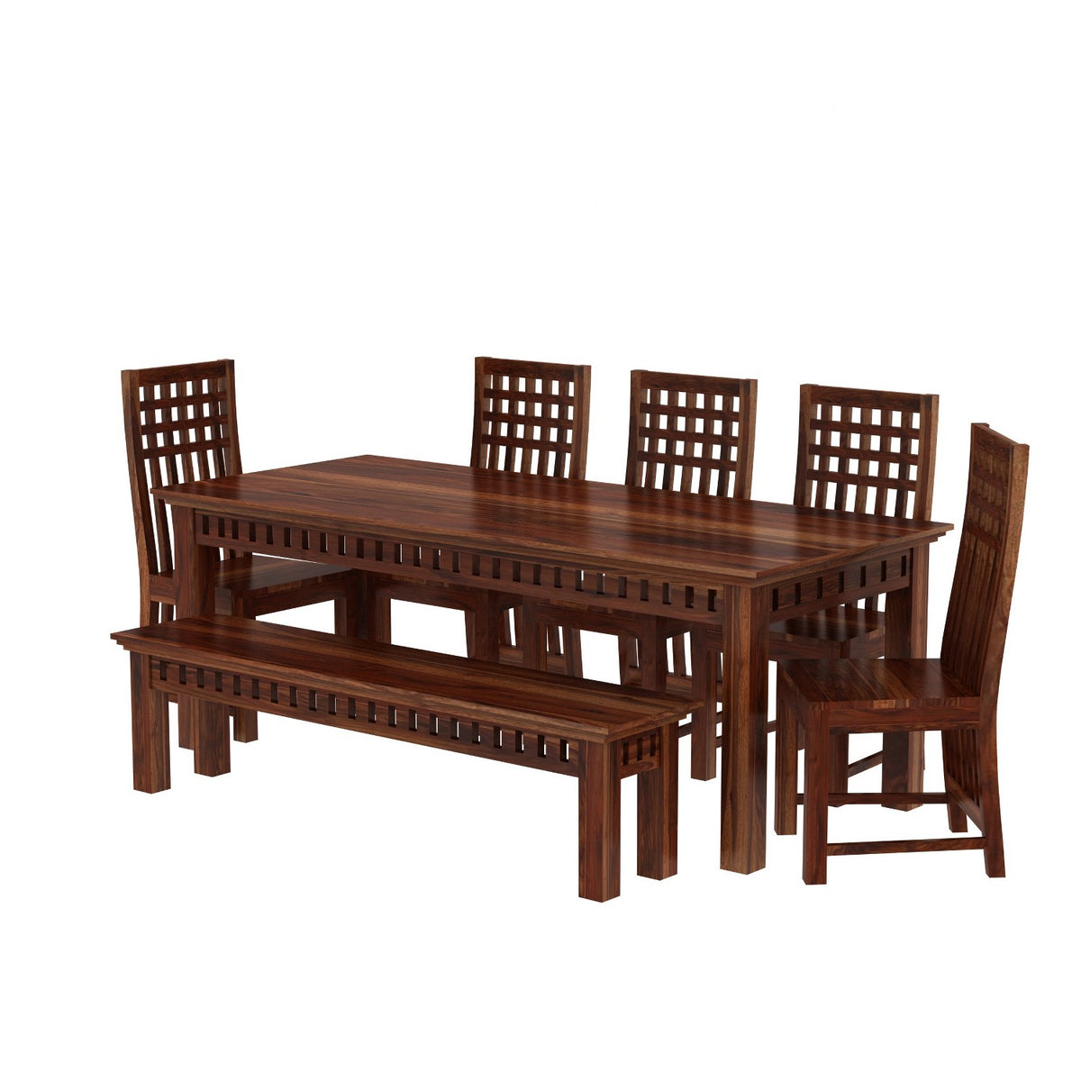 Amer Solid Sheesham Wood 8 Seater Dining Table With 5 Chairs And 1 Bench (Without Cushion, Natural Finish)