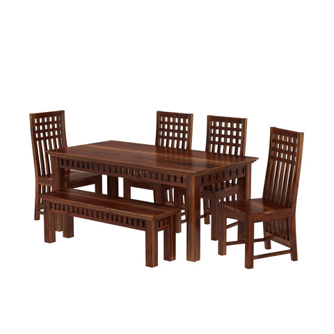 Amer Solid Sheesham Wood 6 Seater Dining Set With Bench (Without Cushion, Natural Finish)