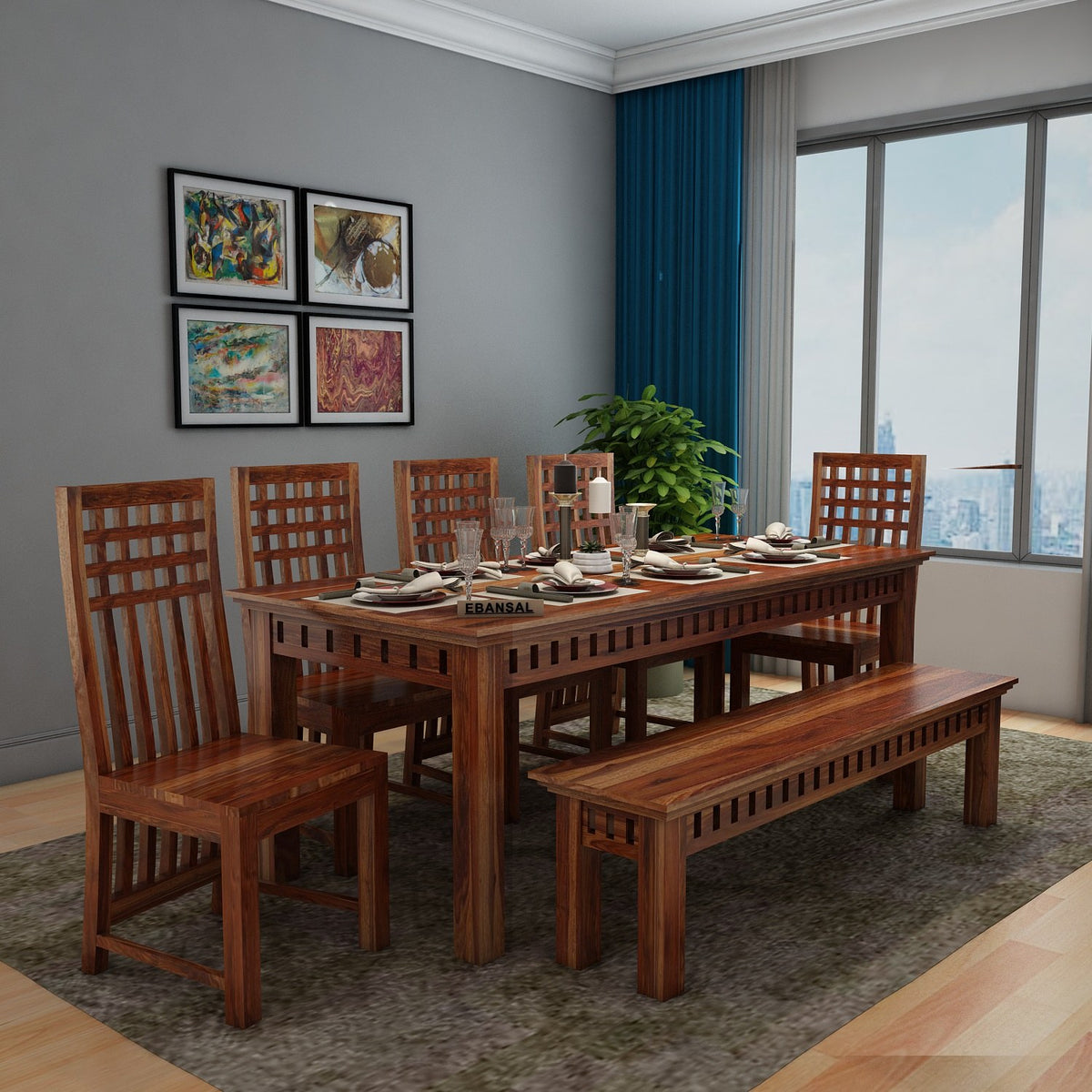 Amer Solid Sheesham Wood 8 Seater Dining Set With Bench (Without Cushion, Natural Finish)