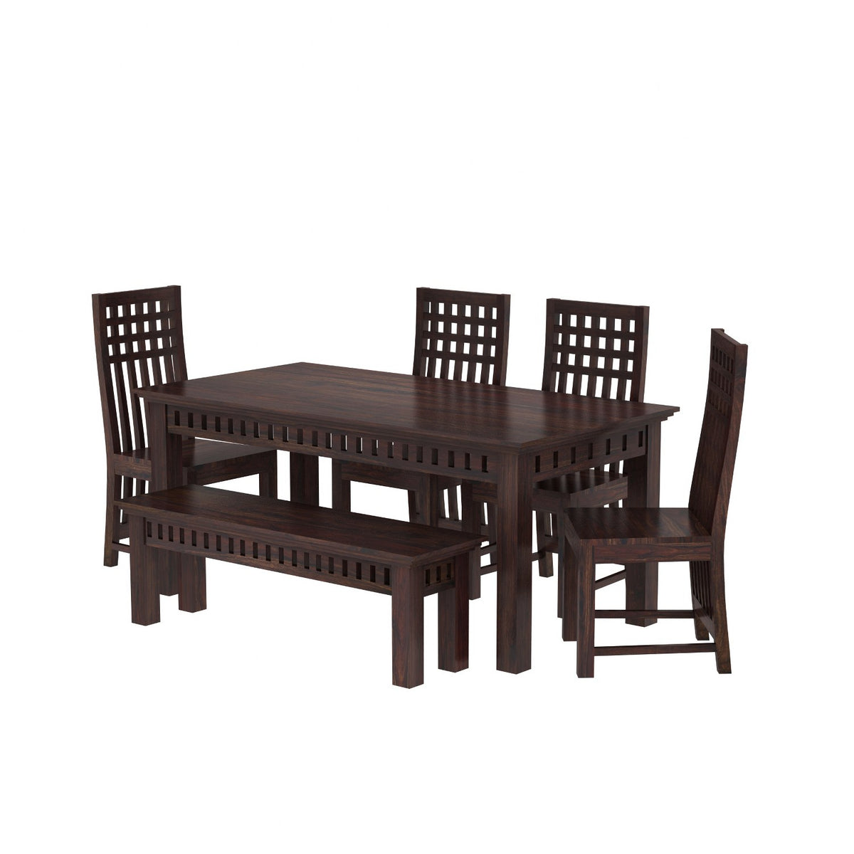 Amer Solid Sheesham Wood 6 Seater Dining Table With 4 Chairs And 1 Bench (Without Cushion, Walnut Finish)