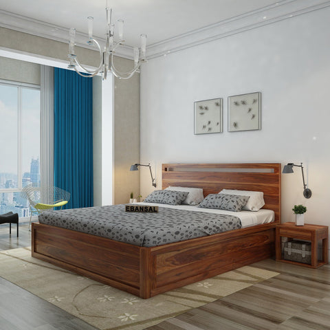 Livinn Solid Sheesham Wood Bed With Box Storage (King Size, Natural Finish)