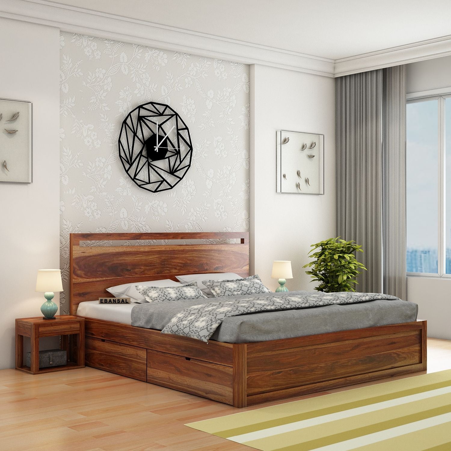 Livinn Solid Sheesham Wood Bed With Four Drawers (King Size, Natural Finish)