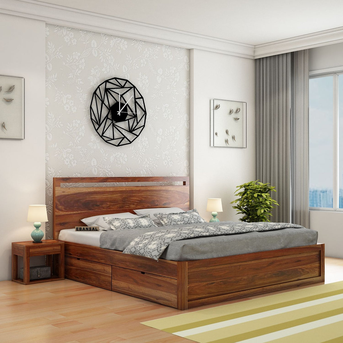 Livinn Solid Sheesham Wood Bed With Four Drawers (King Size, Natural Finish)