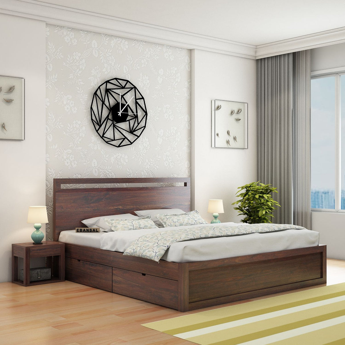 Livinn Solid Sheesham Wood Bed With Four Drawers (King Size, Walnut Finish)