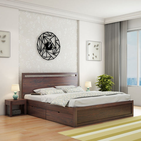 Livinn Solid Sheesham Wood Bed With Four Drawers (King Size, Walnut Finish)
